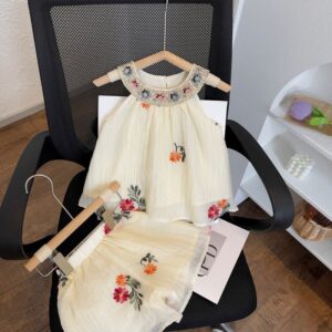 Kids Toddler Girls Casual Cute Embroidery Flower Sleeveless Halter Neck Top Shorts Set