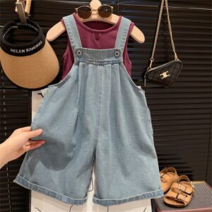 Kids Toddler Girls Fashion Casual Solid Color Tank Top Top Denim Suspender Pants Set