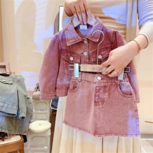 Kids Toddler Girls Fashion Casual Multicolor Long Sleeve Lapel Denim Jacket Skirt Set