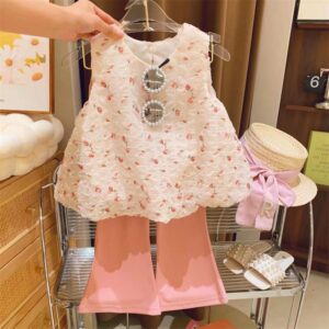 Kids Toddler Girls Casual Cute Tiny Flower Print Sleeveless Top Flare Trousers Set