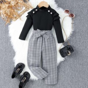 Kids Toddle Girls Casual Cute Solid Color Rib-Knit Long Sleeve Top Plaid Trousers Set