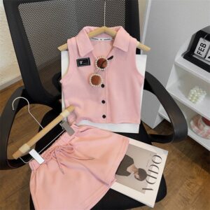 Kids Toddler Girls Fashion Casual Solid Color Sleeveless Lapel Top Shorts Set