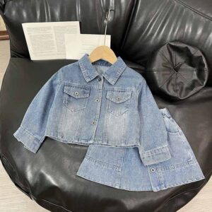 Kids Toddler Girls Fashion Casual Denim Long Sleeve Lapel Coat Skirt Set