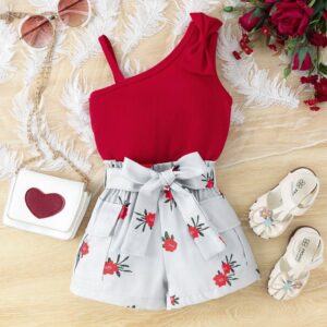Kids Toddler Girls Casual Cute Bow Solid Color Sleeveless One-Shoulder Top Floral Shorts Set