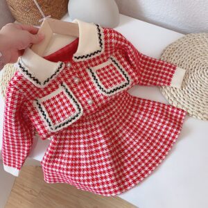 Kids Toddler Girls Casual Cute Sweet Houndstooth Long Sleeve Lapel Top Skirt Set
