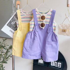 Kids Toddler Girls Casual Cute Rainbow Stripe Tank Top Suspender Pants Set