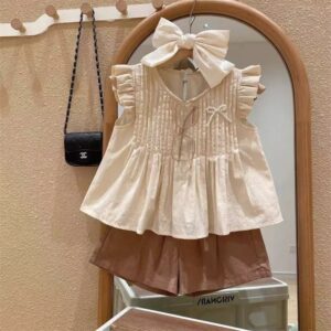 Kids Toddler Girls Casual Cute Solid Color Fluttering Sleeve Round Neck Top Shorts Set