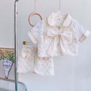 Kids Toddler Girls Casual Cute Chic Embroidery Floral Short Sleeve Lapel Top Skirt Set