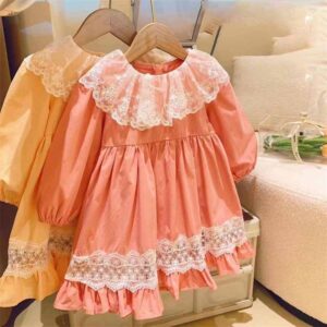 Kids Toddler Girls Casual Cute Lace Solid Color Long Sleeve Lapel Dress