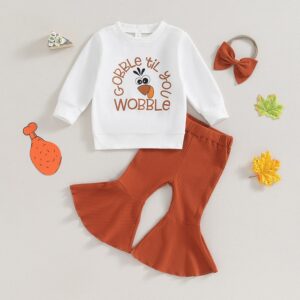 Kids Toddler Girls Casual Thanksgiving Letter Print Long Sleeve Round Neck Sweatshirts Flare Trousers Set