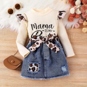 Kids Toddler Girls Casual Cute Letter Leopard Print Rib-Knit Long Sleeve Round Neck Top Denim Skirt Set