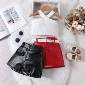 Kids Toddler Girls Casual Cute Solid Color Cami Halter Neck Top PU Skirt Set