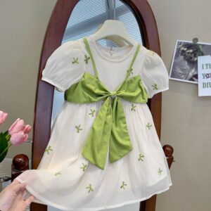Kids Toddler Girls Cute Bow Embroidery Short Sleeve Round Neck Dress