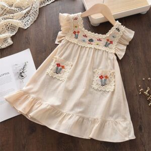 Kids Toddler Girls Summer Vintage Cute Tiny Flower Embroidery Fluttering Sleeve Dress