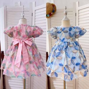 Kids Toddler Girls Summer Cute Floral Short Sleeve Round Neck Mesh Dress