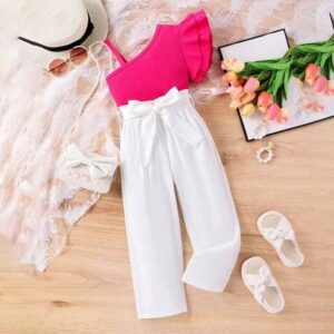 Kids Toddler Girls Cute Sweet Slanted Shoulder Cami Top Trousers Set