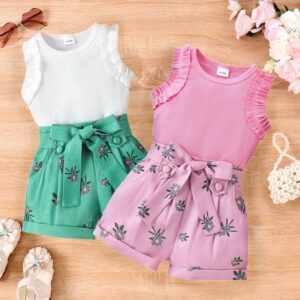 Kids Toddler Girls Cute Sweet Solid Color Sleeveless Round Neck Top Floral Shorts Set