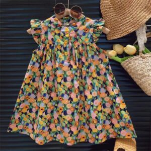 Kids Toddler Girls Casual Cute Pastoral Tiny Flower Fluttering Sleeve Dress