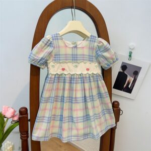 Kids Toddler Girls Casual Cute Heart Shaped Embroidery Plaid Short Sleeve Dress
