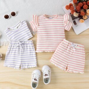 Kids Toddler Girls Cute Sweet Stripe Short Sleeve Round Neck Top Shorts Set