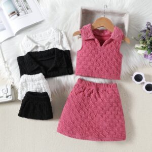 Kids Toddler Girls Cute Sweet Solid Color Sleeveless Lapel Top Skirt Set