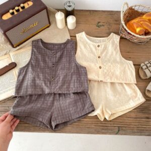 Kids Toddler Boys Girls Casual Cute Playid Print Vest Shorts Set