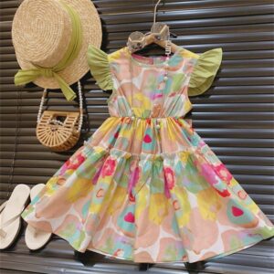 Kids Toddler Girls Casual Cute Flower Print Fluttering Sleeve Dress