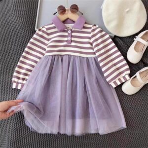 Kids Toddler Girls Casual Cute Stripe Long Sleeve Lapel Shirt Patchwork Mesh Dress