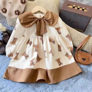 Kids Toddler Girls Casual Cute Cartoon Bear Print Long Sleeve Dress