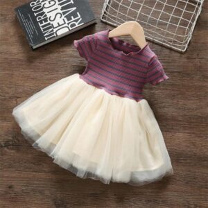 Kids Toddler Girls Casual Cute Stitching Stripe Short Sleeve Mesh Dress