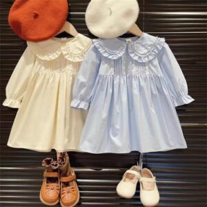 Kids Toddler Girls Casual Cute Solid Color Long Sleeve Lapel Dress