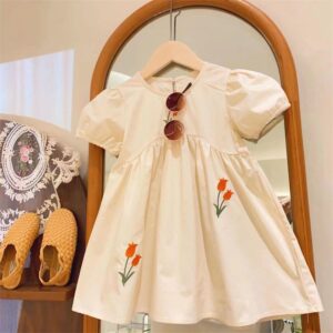 Kids Toddler Girls Casual Cute Flower Embroidery Puff Sleeve Dress
