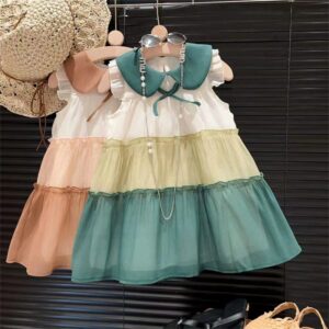 Kids Toddler Girls Summer Fashion Casual Color Matching Sleeveless Lapel Dress