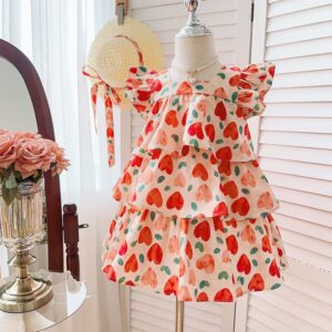Kids Toddler Girls Summer Sweet Cute Heart Print Short Sleeve Dress