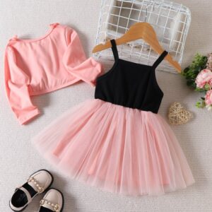 Children Kids Toddlers Girls Long-Sleeved Lace Cardigan And Heart Mesh Dress 2pcs Set