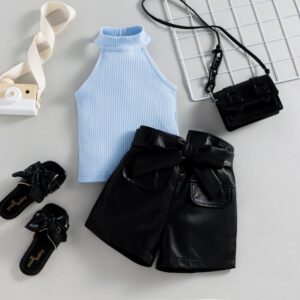Kids Toddler Girls Fashion Pit Strip Halter Leather Shorts Two-Piece Set