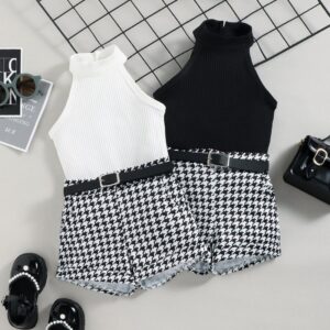 Kids Toddler Girls Fashion Pit-Bar Halterneck Vest Houndstooth Print Shorts And Belt Three-Piece Set