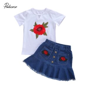 Kids Toddler Girls Fashion Embroidered Denim Skirt Set