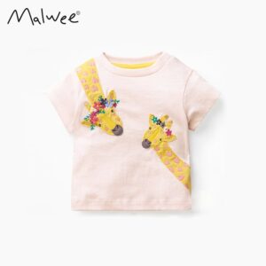 Kids Fashion Girls Giraffe Animal Print Crew Neck Short Sleeve Top