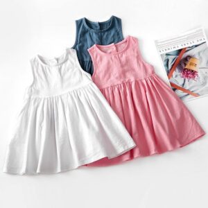 Kids Girls Basic Solid Color Round Neck Sleeveless Pleated Dress