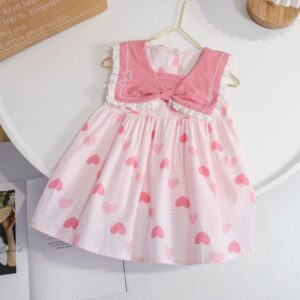 Kids Girls Cute Lace Desig Big Lapel Sleeveless Heart All Over Print Dress