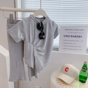 Kids Girls Casual Irregular Round Neck Short Sleeve T-Shirt And Flared Pants Two-piece Set