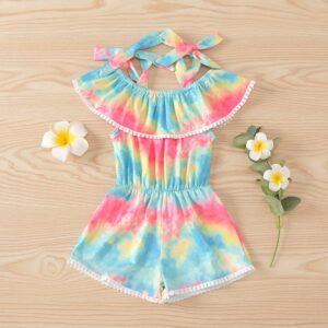 Kids Girls Bohemia Tie-dye Leopard All Over Print Ruffled Sleeveless Romper