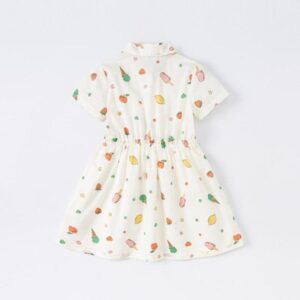 Kids Girls Cute Cartoon All Over Print Lapel Short Sleeve Loose Dress