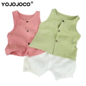 Kids Basic Solid Color Sleeveless Single-breasted Top And Elastic Shorts Casual Set