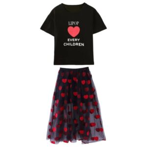 Kids Girls Casual Round Neck Short Sleeve Heart Pattern T-Shirt And Mesh Culotte Set