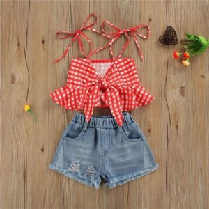 Kids Girls Basic Ruffled Plaid Camisole And Denim Elastic Shorts Set