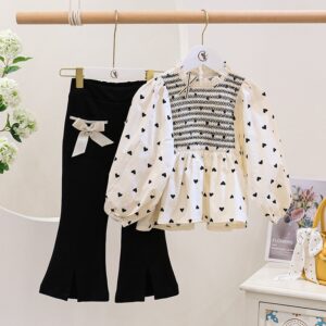 Kids Girls Sweet Heart Long Sleeve Blouse And Flared Pants Two-piece Set