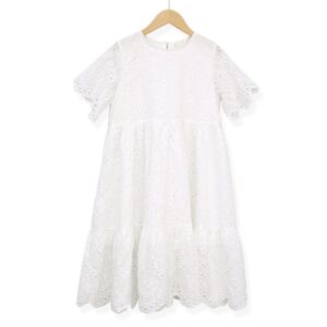 Kids Girls Basic Solid Color Round Neck Short Sleeve Hollow Out Dress