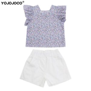 Kids Girls Sweet Square Neck Short Sleeve Floral All Over Print Ruffled Blouse And Shorts